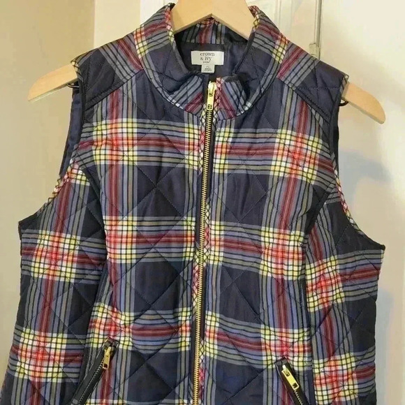Crown & Ivy Blue Plaid Puffer Vest Adjustable Waist, Size Petite L‎ - Picture 4 of 10